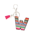 Rainbow stripe and leopard print letter W keychain with pink tassel and silver lobster clasp - Letter W