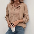 Women's camel ribbed knit hoodie with drawstring and button neckline detail - S / Khaki