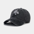 Detailed close-up of Mrs. embroidery on dark gray washed cotton baseball cap - Adjustable / Mrs. Style / MRS Black (Washed)