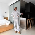 Women's light grey two-piece tracksuit with slim-fit hoodie and straight-leg sweatpants - S / Gray