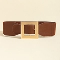 Close-up of brown elastic waist belt featuring a gold square buckle with textured metal - Coffee