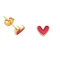 Minimalist 18K gold heart studs with red enamel and beaded edge on white background - Rose Red