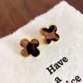 Golden clover stud earrings with brown leopard print faux fur texture finish - 40# Leopard Pony Hair Clover Style / Gold Brown