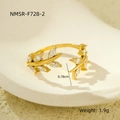 Macro shot of gold leaf ring with cubic zirconia inlay, weight 1.9g and 0.78cm width - One Size/Adjustable / Gold Micro-Pave Zircon Leaf Style (NMSR-F728-2)