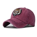 Detail of tiger embroidery and distressed brim on washed cotton baseball cap - Washed Wine Red Tiger Head