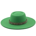 Detailed view of grass green wool felt flat top hat with ethnic woven band texture - M (56-58cm) / Grass Green