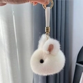 Mini white plush bunny keychain with golden metal ring and white leather strap - White Santa Belt Style