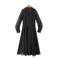 Elegant black V-neck shirt dress featuring sheer texture sleeves and button details - XS / Black