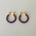 Golden titanium steel hoop earrings with sparkling row of blue zircon stones - Dark Blue