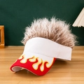 White baseball cap with red brim, flame embroidery, and synthetic hair wig topper - White + White Coffee Hair