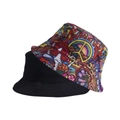 Detail view of the artistic Flower Power graffiti print on a black cotton bucket hat - One Size / Magic World Reversible