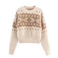 Pull en maille à col rond pour femme avec motif jacquard géométrique beige et texture douce - XS / Blanc laiteux