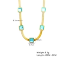 Flat gold snake chain necklace with five square blue zircons showing size measurements - Blue Zircon Snake Chain / N296