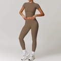 Women's two-piece taupe yoga set with slim fit short sleeve crop top and high waist leggings - S / Top And Bottom / Short Sleeve + Leggings / Mocha Brown