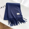 Thick navy blue cashmere-feel wool scarf featuring fringe details and soft texture - Navy Blue / Over 175cm