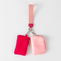 Mini wrist pouch set with pink nylon coin bags and silver carabiner on white background - Red + Pink