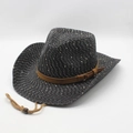 Schwarzer gewebter Panama Cowboyhut mit Goldpailletten und braunem Lederzierband - Schwarz 02 (Pailletten Quaste Stil)