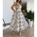 Elegante abito midi bianco con ricami floreali, pizzo e spalline sottili a trapezio - S / Tops / Bianco