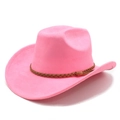 Detail of pink wide-brim fedora hat with brown braided faux leather band and suede texture - M (56-59cm) / Peach Red (Suede)