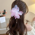 Pink and white gradient acrylic flower hair clip with pearl tassel fringe for women - 67# Claw Clip - Pink - Gradient Pink/White Pearl Tassel Style