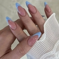 Long almond press-on nails featuring blue ripple French tips and nude pink base color - K034【24pcs】 / Boxed (jelly Gel + Granules)