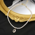 Oval Zirconia Single Layer Natural Pearl Necklace (ALGN0276)