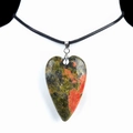 Natural green and red heart-shaped crystal stone pendant with black woven cord - Unakite