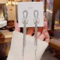 Silver S925 long tassel earrings featuring white ribbon bow and elegant pearl accents - E0030 Silver Needle (White Bow Long Tassel Silver)