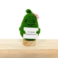 Bambola a forma di pera fatta a mano all'uncinetto con fiore rosa e cartello motivazionale - Avocado Con Base in Legno