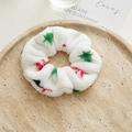 White velvet Christmas scrunchie with green trees and red snowflakes on a stone tray - Plush Scrunchie / Christmas White Tree Snowflake