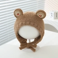 Close-up of brown plush baby hat with bear ears, cherry embroidery and earflaps - 6 Months - 2 Years / Brown