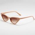 Close-up of cat-eye sunglasses with nude frames and brown gradient lenses in detail view - Creamy Pink Frame Double Brown Lens