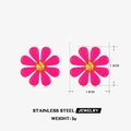 Pink enamel flower stud earrings in stainless steel with a gold-tone center finish - Flower Stud Earrings / Rose Red