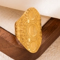 Golden titanium steel open ring with embossed patterns on a wooden display tray - Gold 31