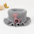 Gray knitted baby scarf with pink giraffe patch and ruffle detail for winter warmth - Grey Knitted Bib