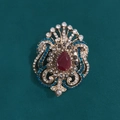 Vintage palace style brooch with red teardrop stone and colorful rhinestones on gold base - Spider Lily Hollow Style / Antique Gold + Red Water Drop