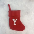 Red Christmas knit stocking featuring a white plush letter Y and hanging loop decoration - Letter Y