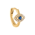 Macro shot of gold evil eye hoop earring with dark blue zircon and white diamonds - Evil Eye Hoop-EH00677