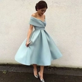 Elegant light blue off-the-shoulder satin evening dress with A-line skirt for formal events - US size 2 (S) / Light Blue