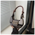 Detail of checkered hobo bag with unique brown twisted leather handle and gold buckle - Coffee