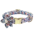Blue floral dog collar with gold metal buckle and decorative fabric flower with pearl - Collar + Pearl Flower / Size XS(19-28cm) / Light Blue Floral