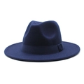 Detailed view of navy blue wool fedora hat with matching decorative satin ribbon - Navy Blue