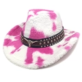 Detail van roze cowboyhoed met koeienprint, pluche stof en zilveren stierembleem - M(56-58cm) / Hart Top Rozerode Koeprint
