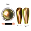 Nail aurora powder 008 showing chrome effect on black and transparent bases with sponge tool - Optical Chrome Powder GX08 (Green-Gold)