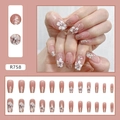 Pink gradient press-on nails with white 3D flowers and silver glitter, trapezoid shape R758 - R758 Vintage Camellia