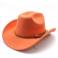 Detail of orange suede cowboy hat featuring a brown braided leather band and tassel - M (56-59cm) / Orange (Suede)