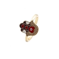 Gold plated Hamsa Hand ring with zircon and devil eye motif on white background - Adjustable Open / Red