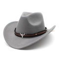 Detail of grey wool felt cowboy hat featuring brown leather band and silver bull head icon - M (56-58cm) / Gray