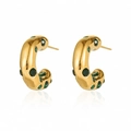 14K gold plated C-shape hoop earrings with green tiger eye stones and diamonds - Gold/Green Zirconia