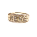 Macro view of gold MOM ring with REVE lettering and pavé crystals on a white base - REVE Letter/Full Zircon Edging (CR0327DX)
